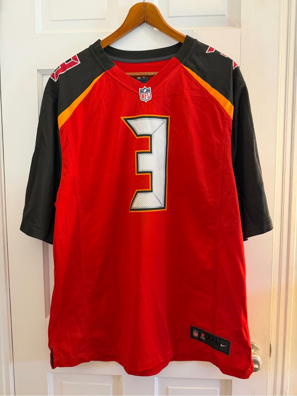 NFL Tampa Bay Buccaneers Men's Football Jersey with White Number 3 and Gold Trim